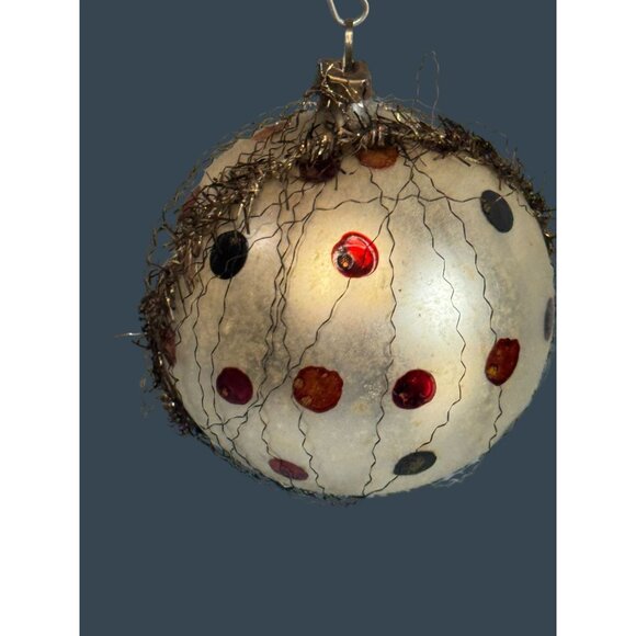 Vintage Germany Wire Wrapped Frosted White Glass Confetti Dot Ornament 2 1/2" - Picture 5 of 9